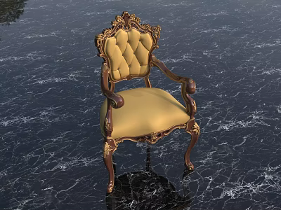 European Style Carved Dining Chair With Gold And Brown Upholstered Seat 3d model