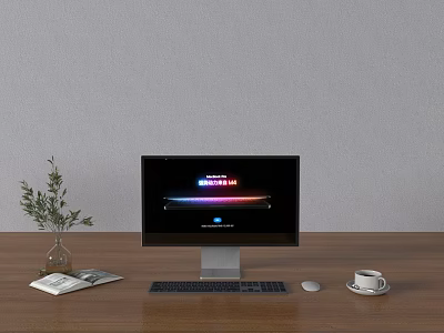 Modern Desktop Computer Setup With Monitor Keyboard Mouse And Office Supplies On Wooden Desk 3d model