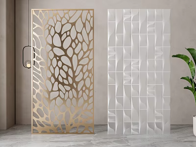 Modern Decorative Room Dividers With Golden Leaf Pattern And White Wavy Grid Design 3d model