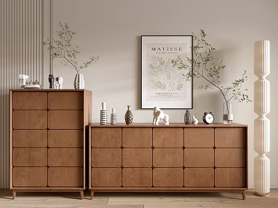 Wooden Console Table And Side Cabinet Modern Natural Interior With Drawers Decorative Plants Vase Artwork 3d model