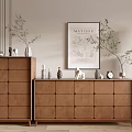 Wooden Console Table And Side Cabinet Modern Natural Interior With Drawers Decorative Plants Vase Artwork