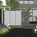 Modern Perforated Garden Wall With Outdoor Greenery Flowers Steps And Decorative Lighting
