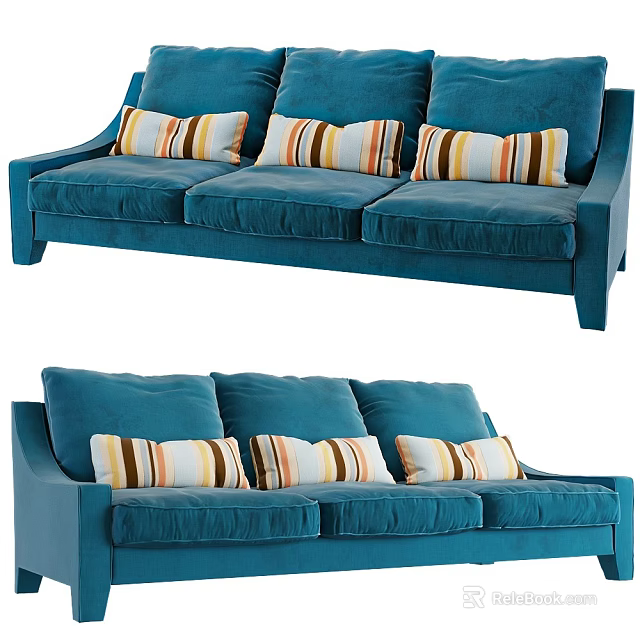 Comfortable Modern Blue Multi Seat Sofa With Striped Decorative Cushions 3d model