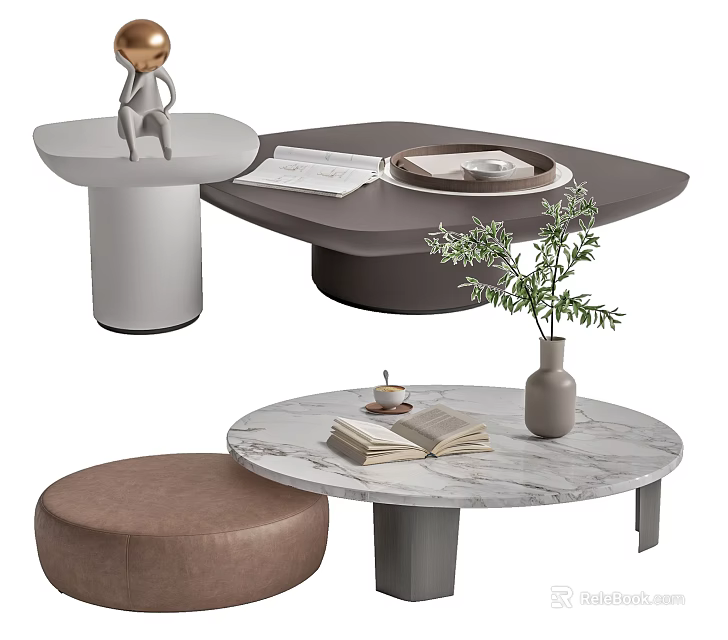 Modern Stylish Coffee Table with Marble Top Open Book and Vase Accompanied by Brown Ottoman 3d model 