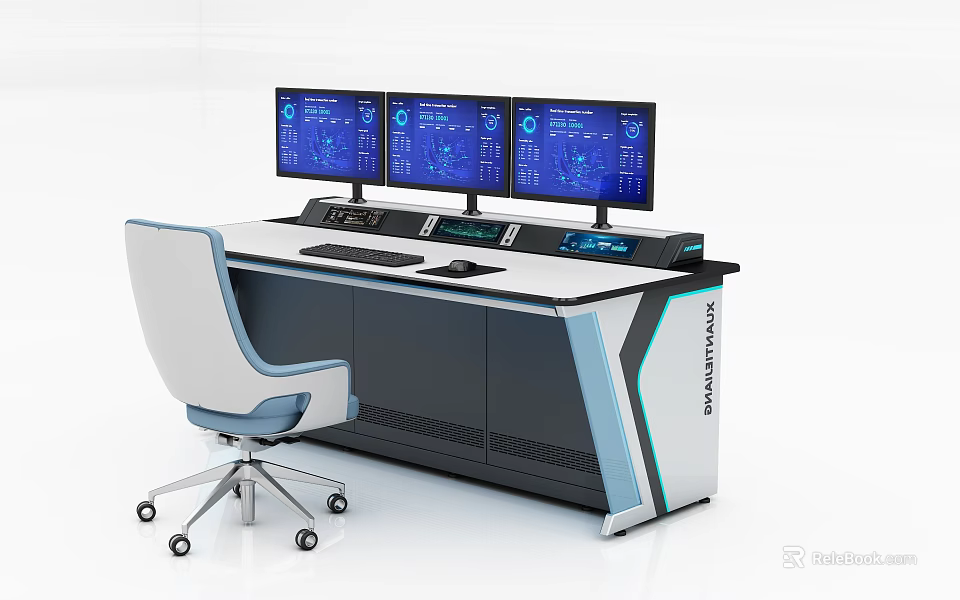 Modern Functional Desk Featuring Three Monitors Blue Screens White Chair And Ergonomic Design 3d model 
