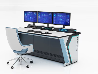 Modern Functional Desk Featuring Three Monitors Blue Screens White Chair And Ergonomic Design 3d model