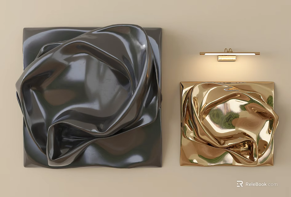 Modern Stylish Wall Decor With Dark Gray And Gold Folded Texture On Beige Wall 3d model 