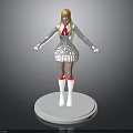 Woman With Blonde Hair In White Dress And Red Bow Tie Standing On White Base