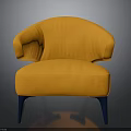 Orange Upholstered Chair With Curved Backrest Armrests And Dark Blue Legs