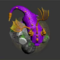 Purple Dragon Figurine With Yellow Horns Wings And Rock Base With White Stones Green Moss