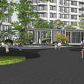 Residential Landscape With Apartment Buildings Lush Greenery Blue Trees Colorful Flower Beds And Seating Areas