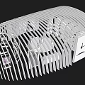 Modern White Exhibition Booth With Curved Grille Structure Display Shelves And Reception Counter