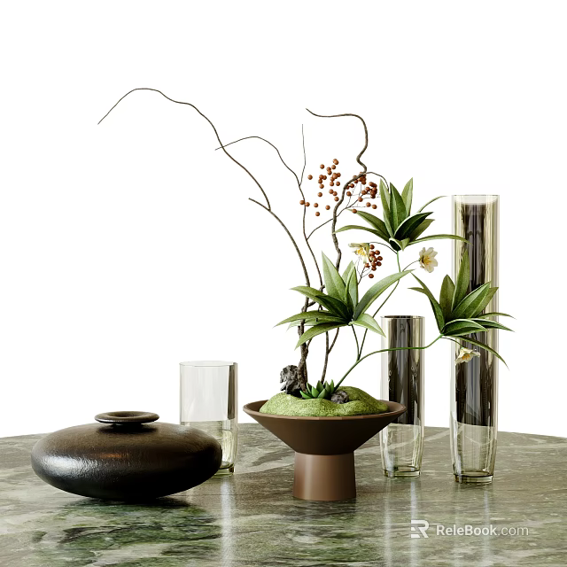 Decorative Ornament Set with Greenery Red Berries Twigs Glass Vases Black Jar Tabletop 3d model 