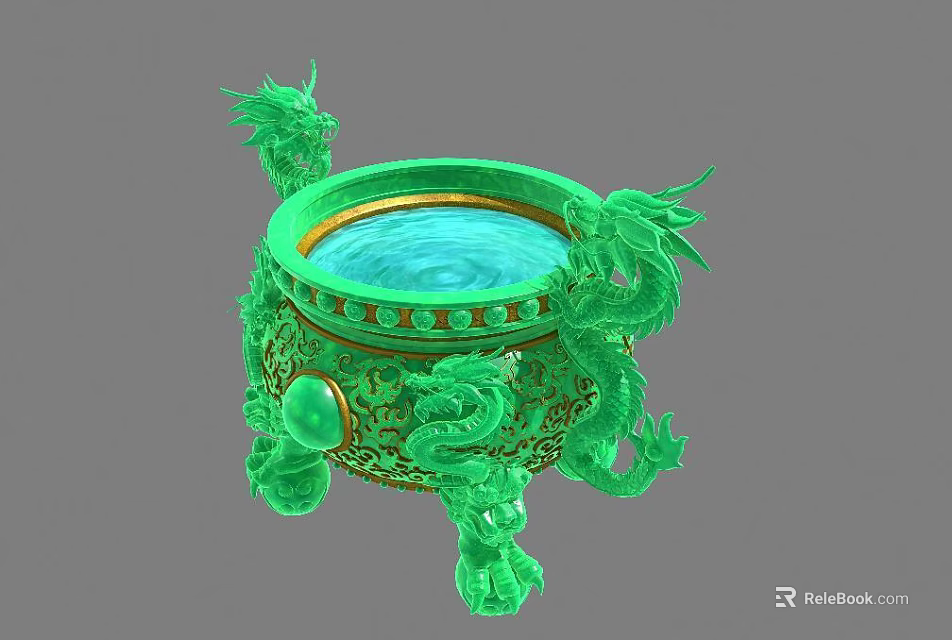 Green Jade Decorative Vessel Carved With Dragons And Water Basin 3d model 