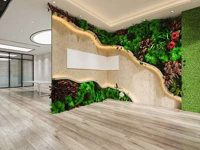 Modern Lounge Area Interior Design With Living Plant Wall Natural Decor And Wooden Flooring 3d model