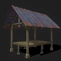 Wooden Shelter Structure With Corrugated Metal Roof Supporting Pillars And Platform Base