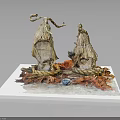Traditional Woven Straw Architecture Sculpture With Red Orange Accents Blue Ornament And White Base