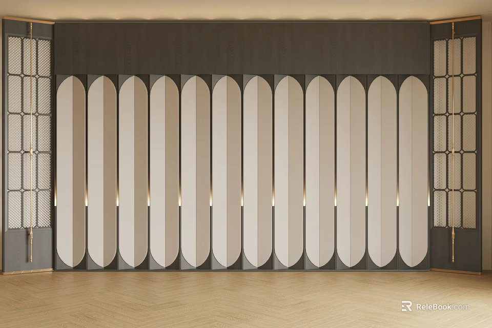 Elegant Luxurious Front Desk Background Wall With Modern Curved Panels And Gold Accent Lighting 3d model 