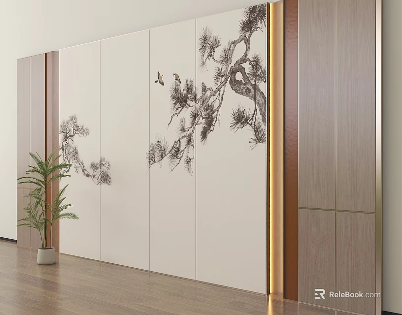 Elegant Modern Feature Wall With Pine Tree Painting Flying Birds Wooden Frame And Indoor Plant 3d model 
