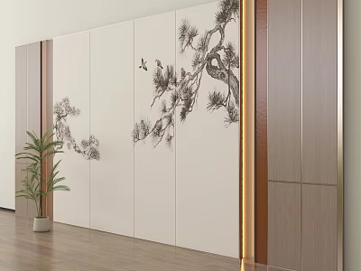 Elegant Modern Feature Wall With Pine Tree Painting Flying Birds Wooden Frame And Indoor Plant 3d model