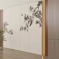 Elegant Modern Feature Wall With Pine Tree Painting Flying Birds Wooden Frame And Indoor Plant