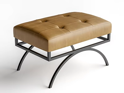 Tufted Brown Leather Sofa Stool With Black Metal Curved Legs 3d model