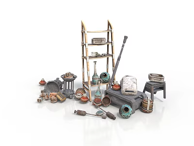 Ancient Tools and Artifacts Collection With Wooden Shelf Clay Pots Stone Mill and Tools 3d model