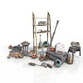 Ancient Tools and Artifacts Collection With Wooden Shelf Clay Pots Stone Mill and Tools
