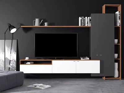 Modern TV Stand Featuring Wooden White Finish TV Storage Bookshelf And Decorative Items 3d model