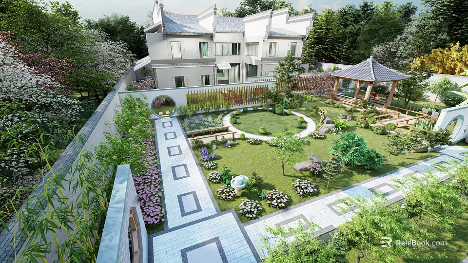 Traditional Chinese Courtyard Garden With Greenery Lawn Stone Path And Pavilion Flowers Rockery 3d model 