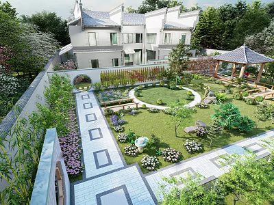 Traditional Chinese Courtyard Garden With Greenery Lawn Stone Path And Pavilion Flowers Rockery 3d model