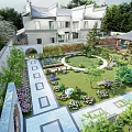 Traditional Chinese Courtyard Garden With Greenery Lawn Stone Path And Pavilion Flowers Rockery
