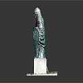 Medieval Knight Statue Wearing Armor Holding Green Shield On Stone Base