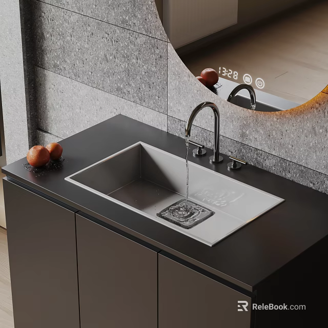 Stylish Kitchen Sink with Faucet Running Water on Black Countertop Near Oranges and Gray Wall 3d model 
