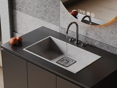 Stylish Kitchen Sink with Faucet Running Water on Black Countertop Near Oranges and Gray Wall 3d model