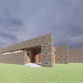 Modern Stone Building Exterior With Wooden Lattice Entryway Steps And Grass Lawn