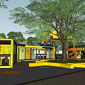 Yellow Multi Level Container Building Design With Outdoor Trees And Colorful Ground 3d model