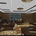 Luxurious Office Lounge Interior With Leather Sofas Wooden Coffee Tables Green Plants And Chandeliers