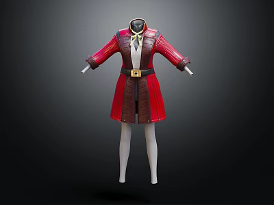 Elegant Red Long Coat With Gold Belt White Lining And Collar Details 3d model