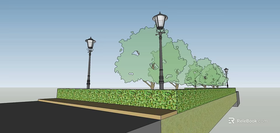 Outdoor Street Lamps with Classic Design Alongside Green Trees and Trimmed Hedges 3d model 