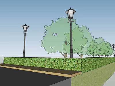 Outdoor Street Lamps with Classic Design Alongside Green Trees and Trimmed Hedges 3d model