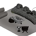 Gray L Shaped Sofa with Cushions and Marble Coffee Table Set with Carpet and Plant