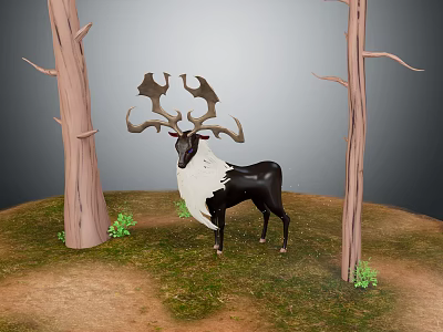 Black And White Reindeer With Large Antlers Standing Between Leafless Trees On Grassy Ground 3d model