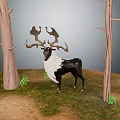 Black And White Reindeer With Large Antlers Standing Between Leafless Trees On Grassy Ground