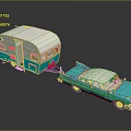 Vintage Blue And White Car Towing Retro Trailer With Reflective Surface