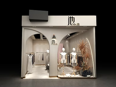 Modern Clothing Store Window Display With Mannequins Stylish Clothes And Decorative Plants 3d model