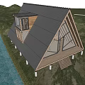 A Frame Wooden House Surrounded By Forest Stream Green Grassland And Person Walking Dog