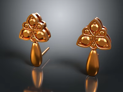 Elegant Golden Flower Shaped Stud Earrings With Gemstone For Fashion Accessories 3d model