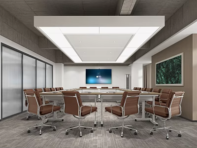 Modern Conference Room with Long Table Brown Chairs Large Screen Gray Walls and Green Art 3d model