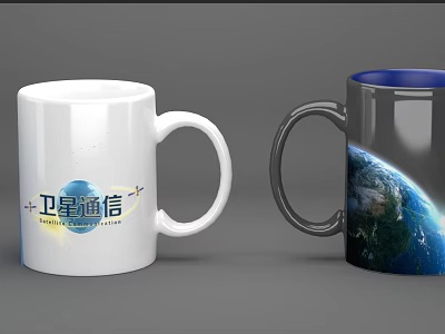 White Ceramic Mug with Satellite Communication Logo and Dark Mug with Earth Globe Design 3d model